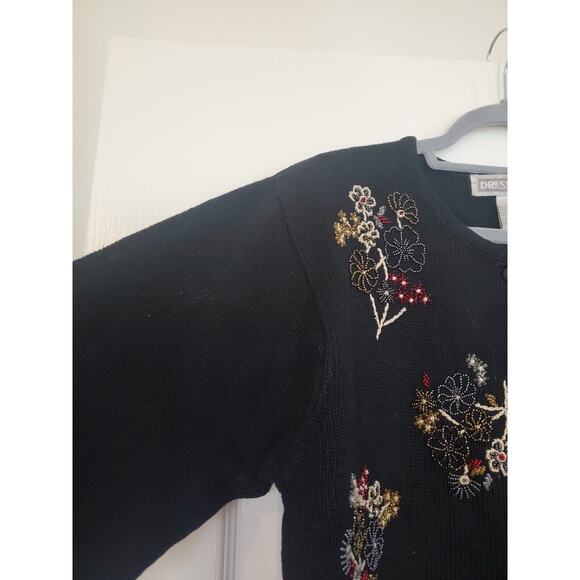 Dress Barn Black Beaded Floral Bouquets Boxy Holiday Cardigan Sweater Size Large - Picture 6 of 13